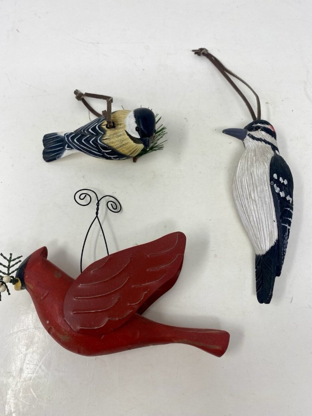 Set Of 3 Rustic Bird Christmas Ornaments Cardinal Chickadee Woodpecker